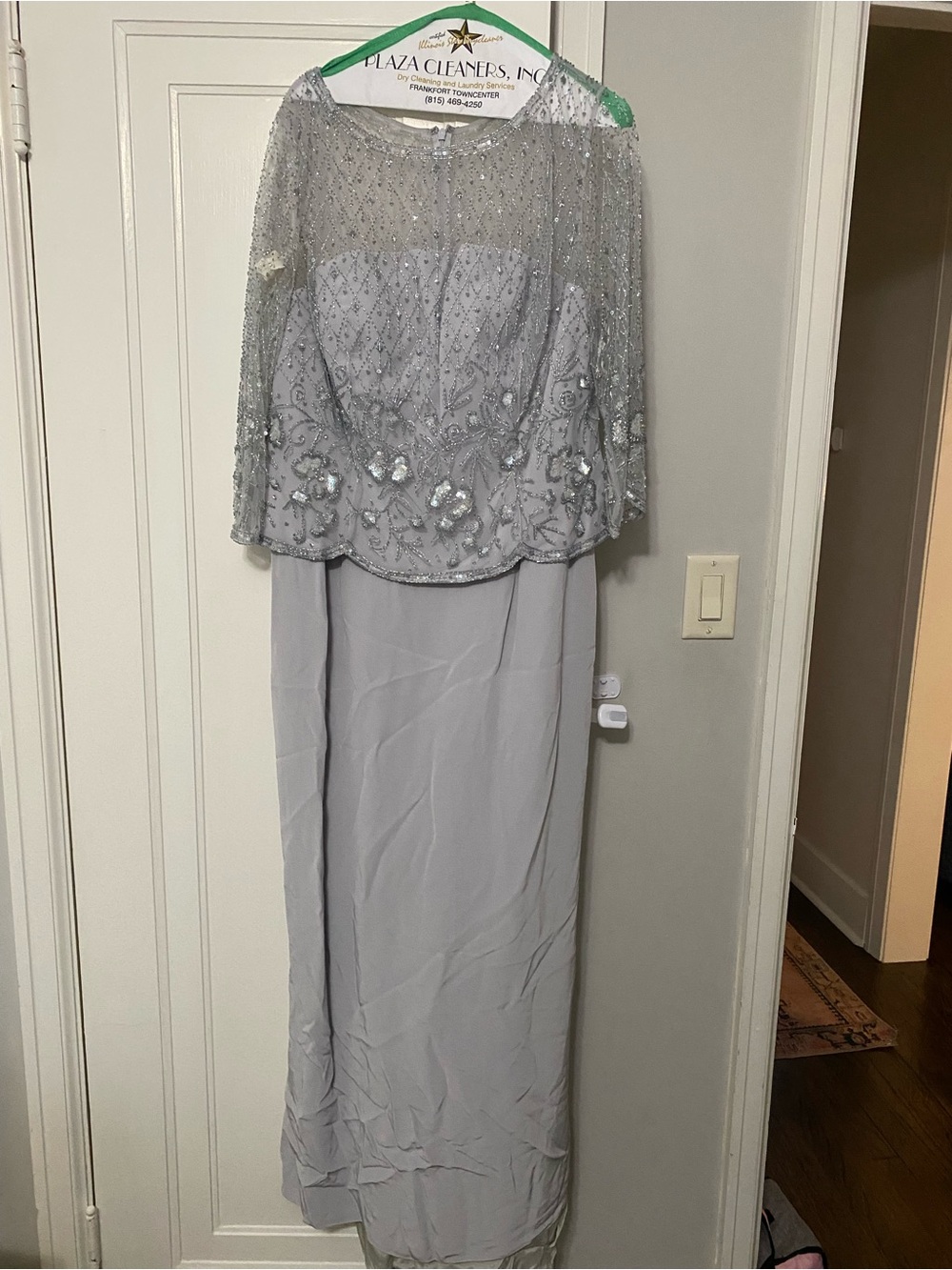 Elegant Silver Beaded Long Sleeve Overlay Evening Gown